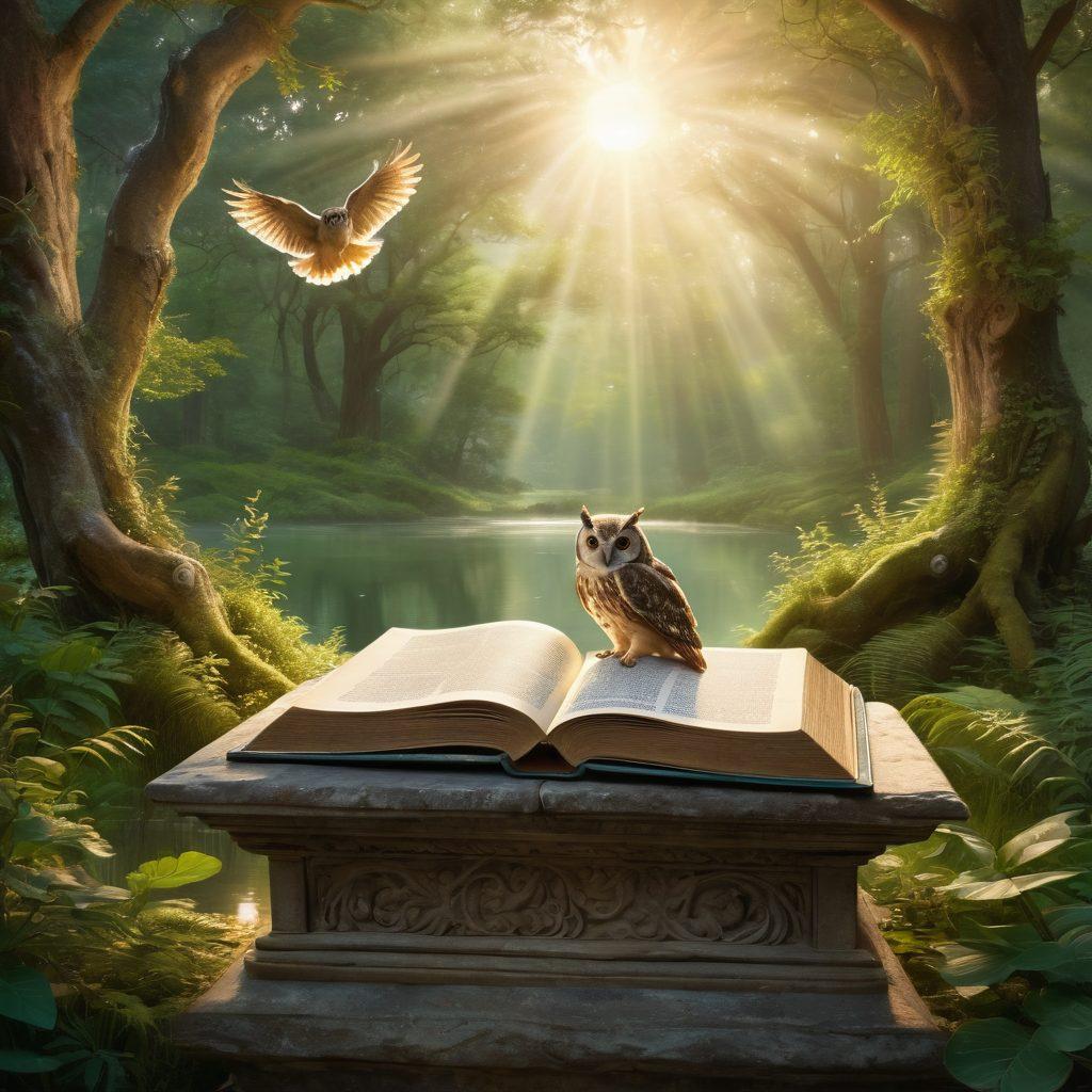 A serene landscape with an ancient open book resting on a stone pedestal, surrounded by soft glowing lights symbolizing divine wisdom. Ethereal verses in flowing script emerge from the pages, intertwining with golden rays of sunlight filtering through lush trees. A wise owl perched nearby observes, illustrating the connection between nature and spirituality. tranquil ambiance. soft color palette. painting.