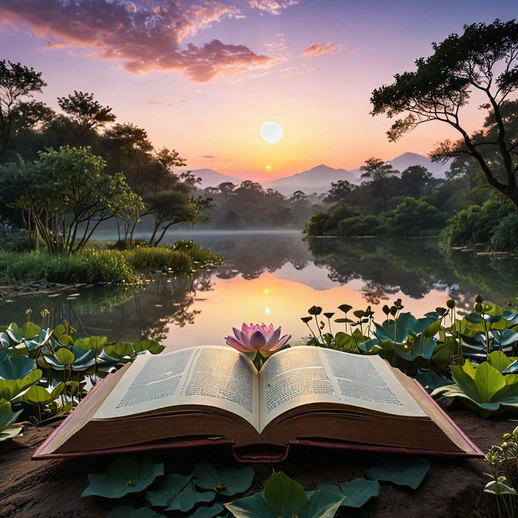 A serene landscape depicting an open book surrounded by soft rays of light, with ethereal symbols from various religions floating above it. In the background, gentle hills and trees suggest a tranquil journey of discovery. The sky transitions from dawn to dusk, symbolizing the passage of spiritual enlightenment. Emphasize warmth and harmony with diverse cultural motifs subtly integrated. super-realistic. vibrant colors. soft lighting.