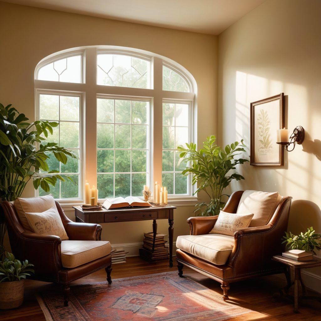 A serene and inviting study space showcasing an open Bible surrounded by candles and plants, with warm sunlight streaming through a window. Include meaningful scripture verses framed on the wall, and a cozy armchair for reflection. The atmosphere should evoke peace and inspiration. soft lighting. vibrant colors. modern illustrative style.